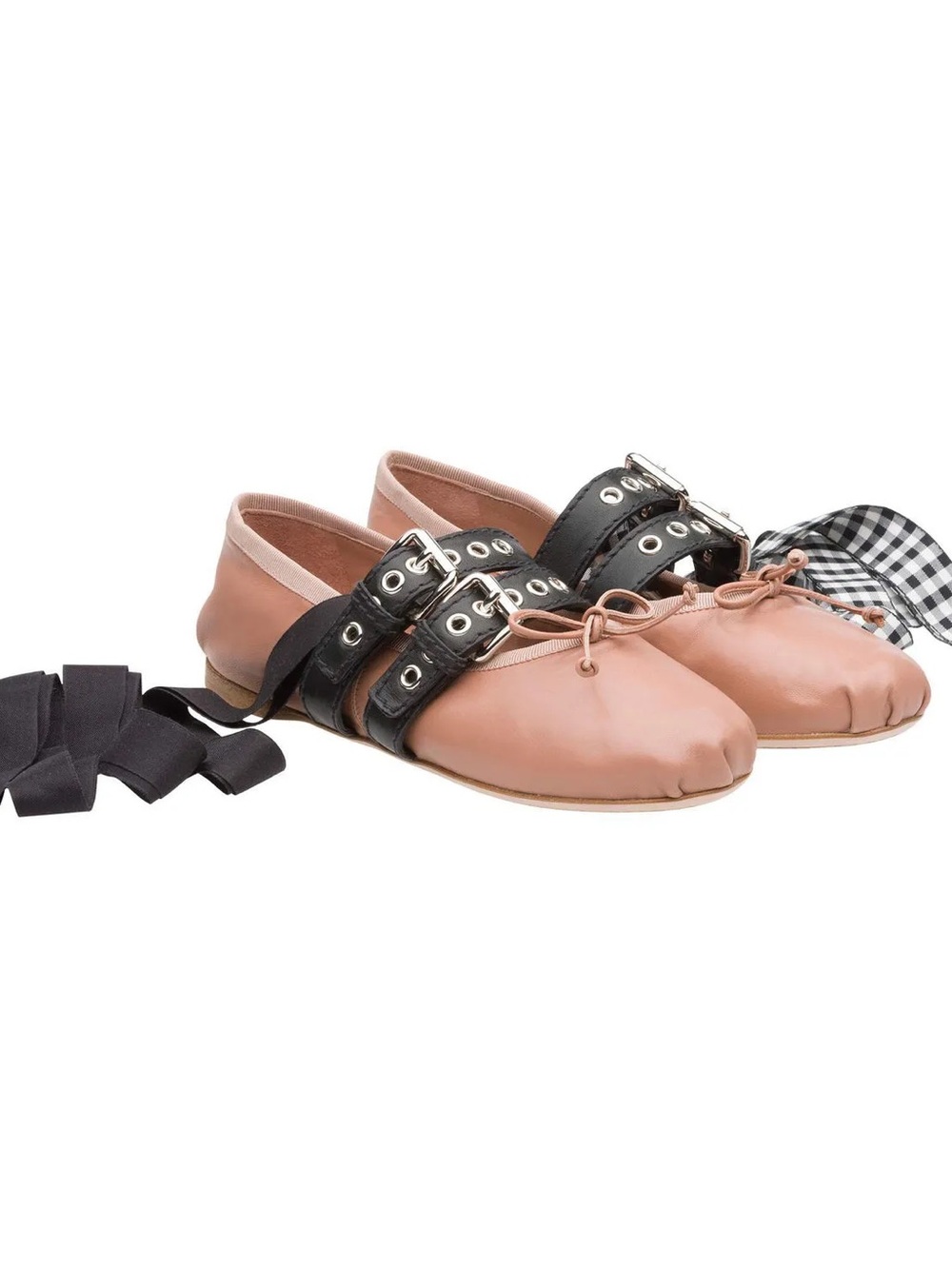 Miu Miu Blush Pink Leather Ballet Flats with Black Buckle Straps With Dust Bag